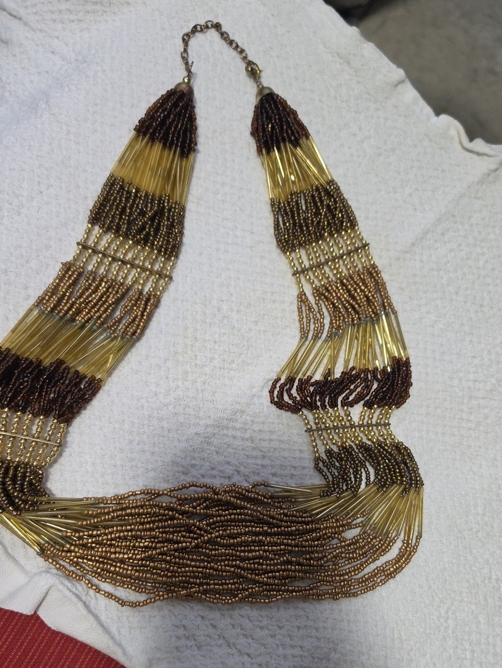 Multi-Strand Brown and Gold Beaded Statement Necklace